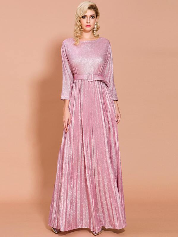 

Missord Buckle Belted Pleated Glitter Maxi Prom Dress, Pink, SASHA S