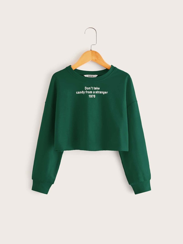

Girls Drop Shoulder Slogan Graphic Pullover, Green