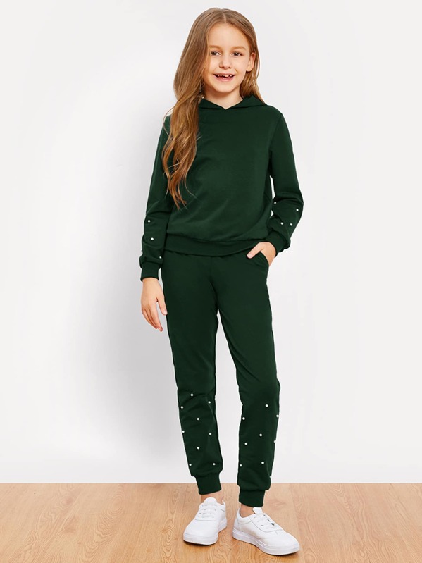 

Girls Pearls Beaded Solid Hoodie & Pants Set, Green, Sashab