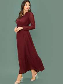 Modelyn Notch Neck Button Detail Swiss Dot Overlay Dress - Burgundy - View 3