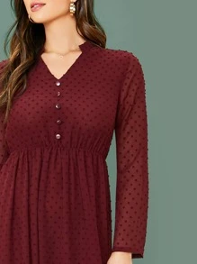 Modelyn Notch Neck Button Detail Swiss Dot Overlay Dress - Burgundy - View 4