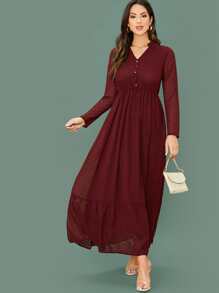 Modelyn Notch Neck Button Detail Swiss Dot Overlay Dress - Burgundy - View 5