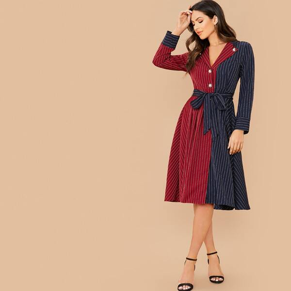 

Single Breasted Striped Colorblock Belted Blazer Dress, Multicolor