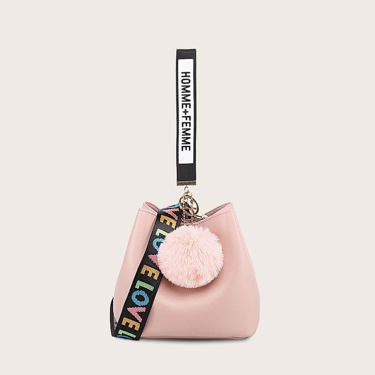 

Pom Pom Decor Bucket Bag, Pink