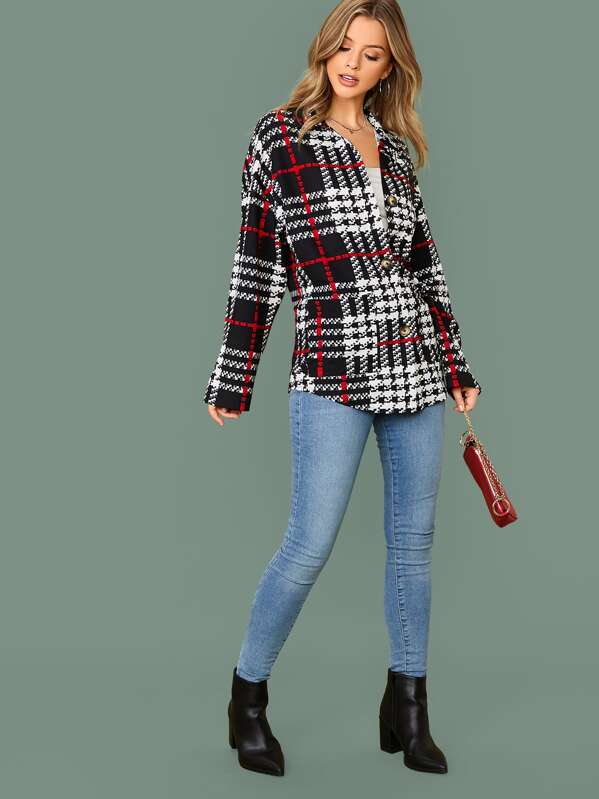 

Single Breasted Patch Pocket Plaid Coat, Black and white, Gigi Paris
