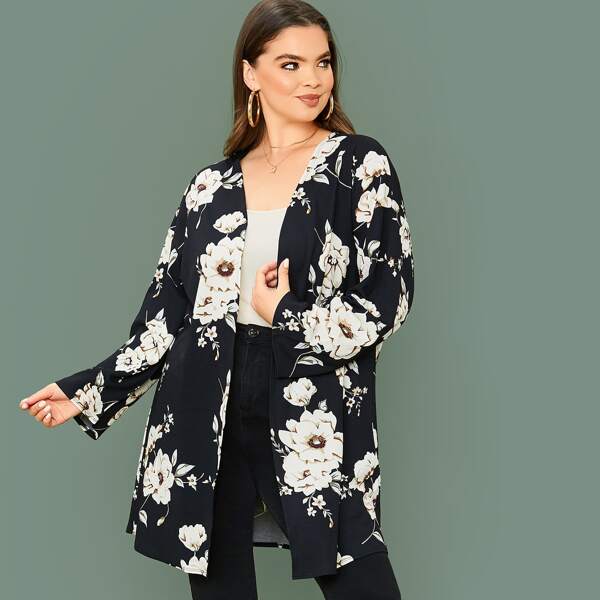 

Plus Open Front Floral Print Coat, Black and white