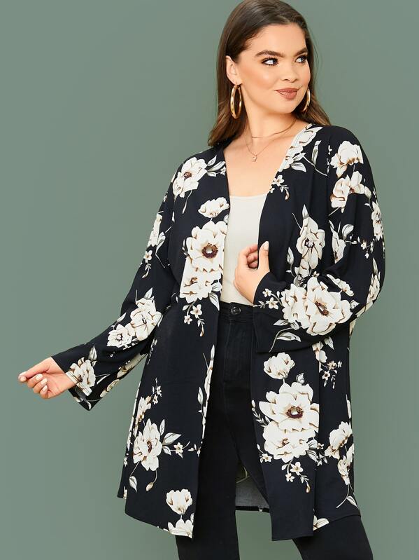 

Plus Open Front Floral Print Coat, Black and white, Faith Bowman