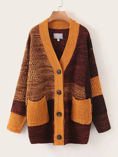 Colorblock Button Front Double Pocket Cardigan