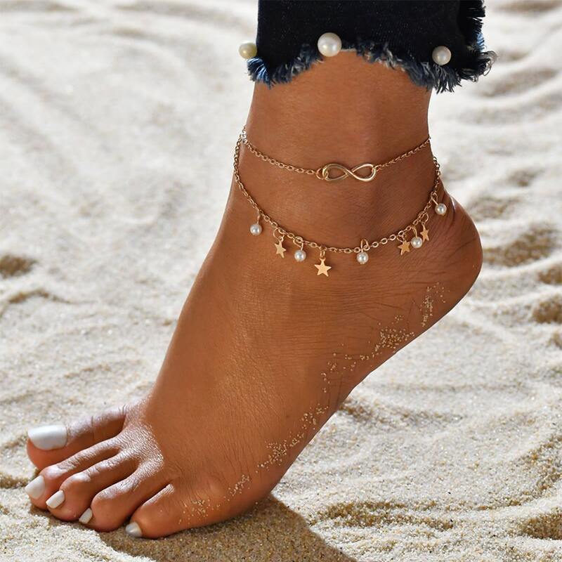

1pc Faux Pearl & Star Decor Anklet, Gold