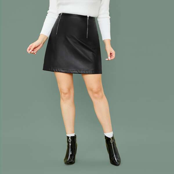 

Plus Zip Front PU Leather Skirt, Black
