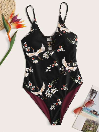 Floral & Crane Random Print One Piece Swimwear