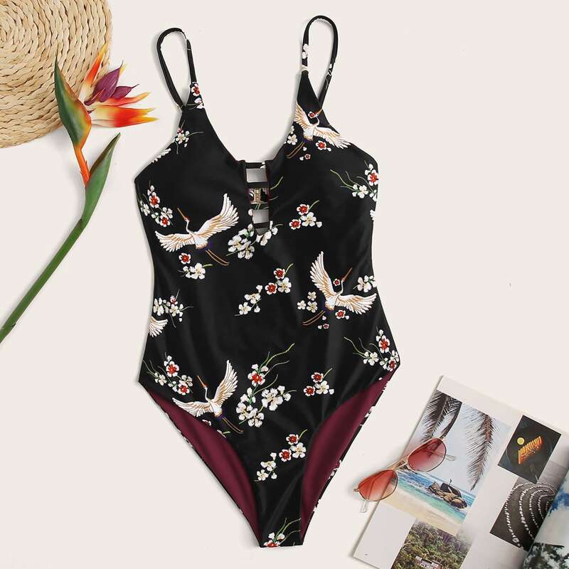 

Floral & Crane Random Print One Piece Swimwear, Black