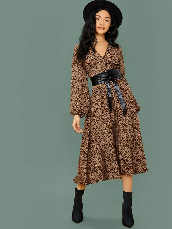 

V-neck Lantern Sleeve Leopard Bustier Dress Without Belt, Multicolor, Juliette
