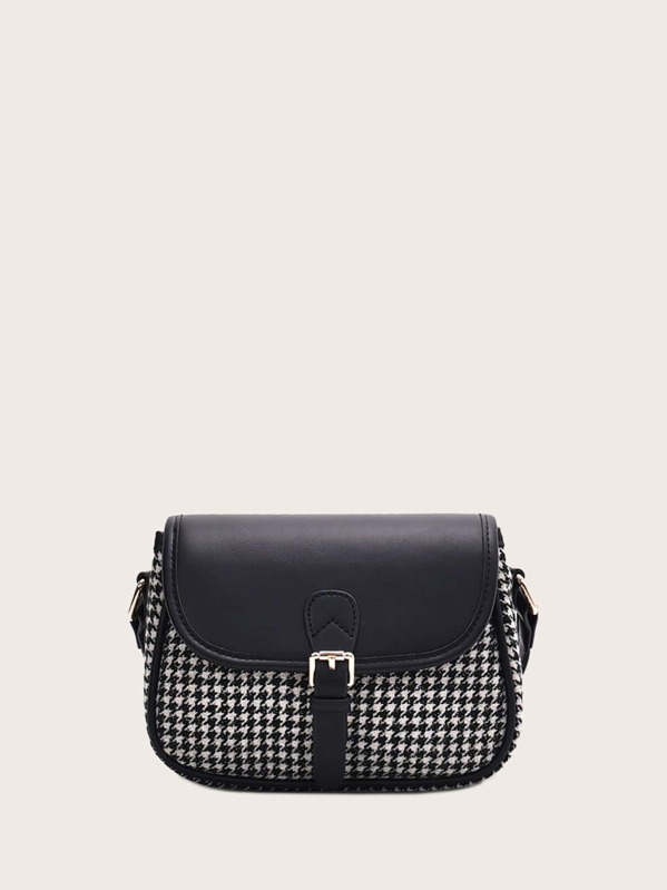 

Buckle Decor Houndstooth Crossbody Bag, Black