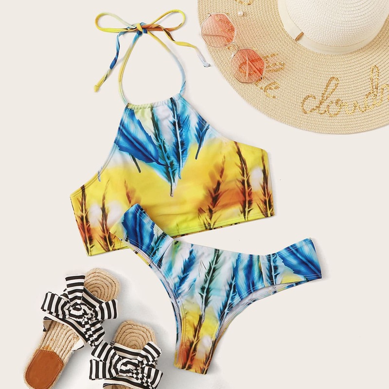 

Feather Random Print Halter High Cut Bikini Swimsuit, Multicolor