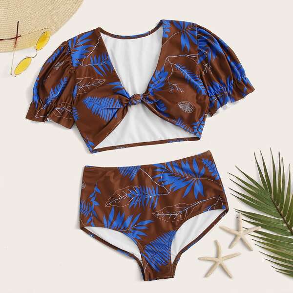 

Palm Random Print Short Sleeve Top With High Waist Bikini, Multicolor