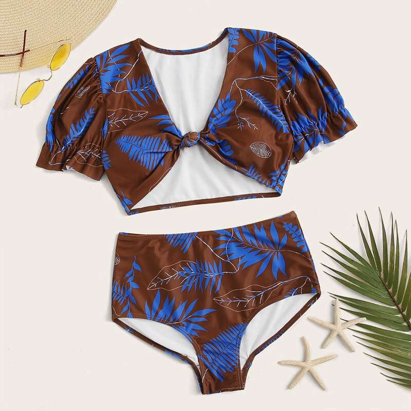 

Palm Random Print Short Sleeve Top With High Waist Bikini, Multicolor