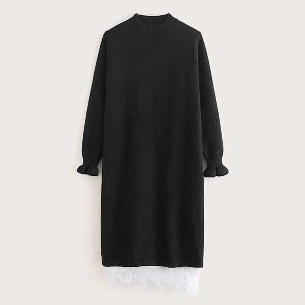 

Flounce Sleeve Contrast Mesh Hem Sweater Dress, Black