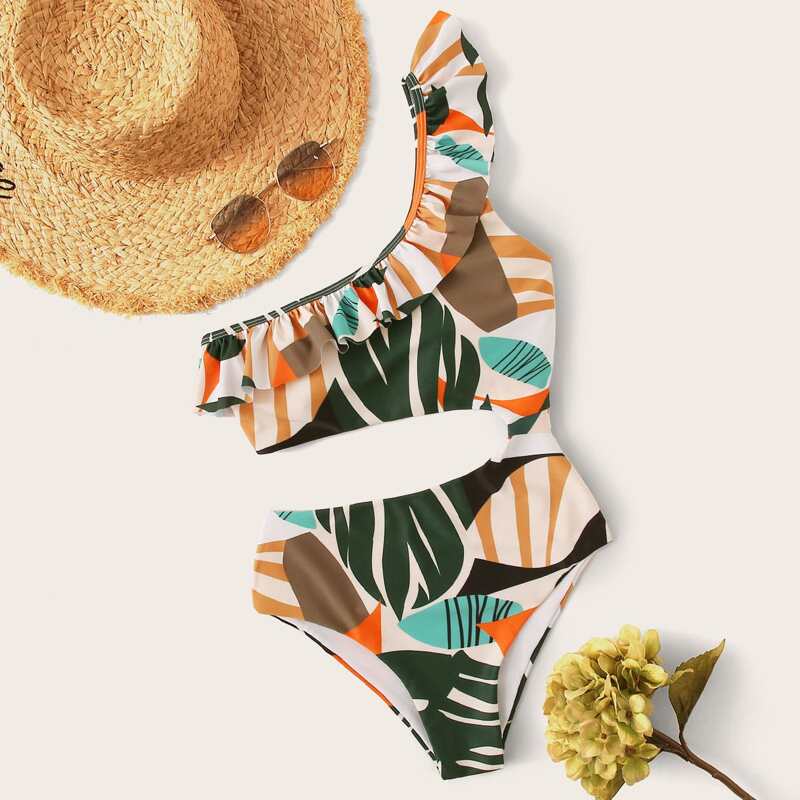 

Tropical Ruffle Trim One Piece Swimsuit, Multicolor