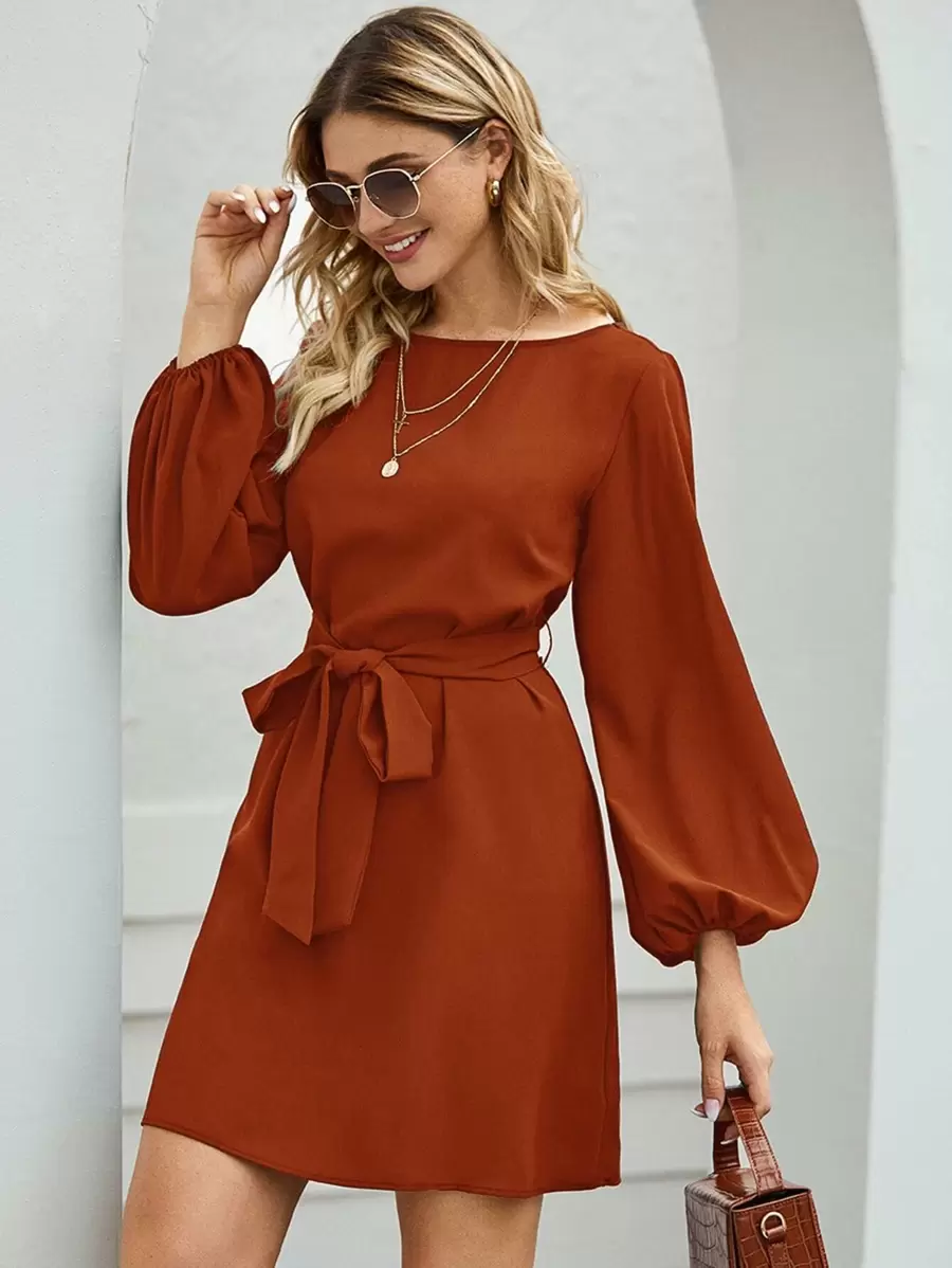 SHEIN Clasi 船領燈籠袖腰帶連衣裙 - 棕色 - 查看 1