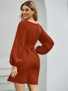 SHEIN Clasi 船領燈籠袖腰帶連衣裙 - 棕色 - 查看 2