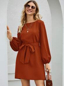 SHEIN Clasi 船領燈籠袖腰帶連衣裙 - 棕色 - 查看 3