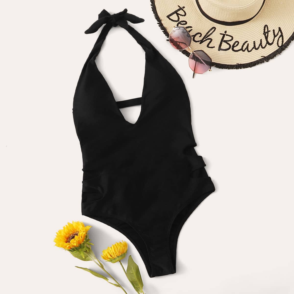 

Backless Halter One Piece Swimsuit, Black