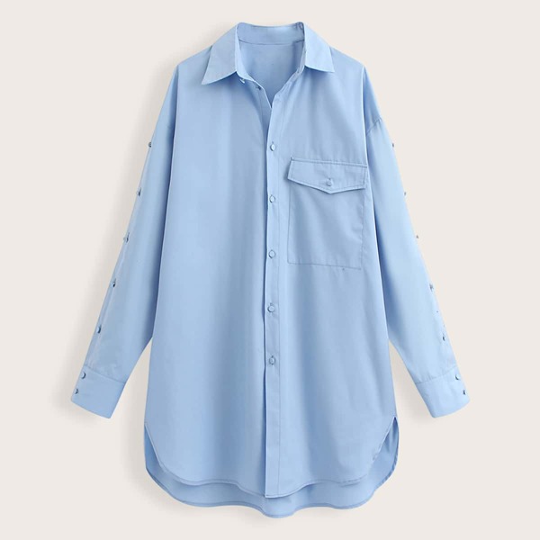 

Button Detail Pocket Front Curved Hem Blouse, Blue