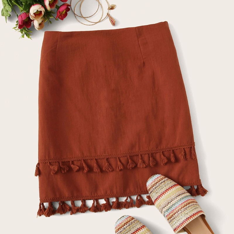 

Fringe Hem Zip Back Straight Skirt, Brown