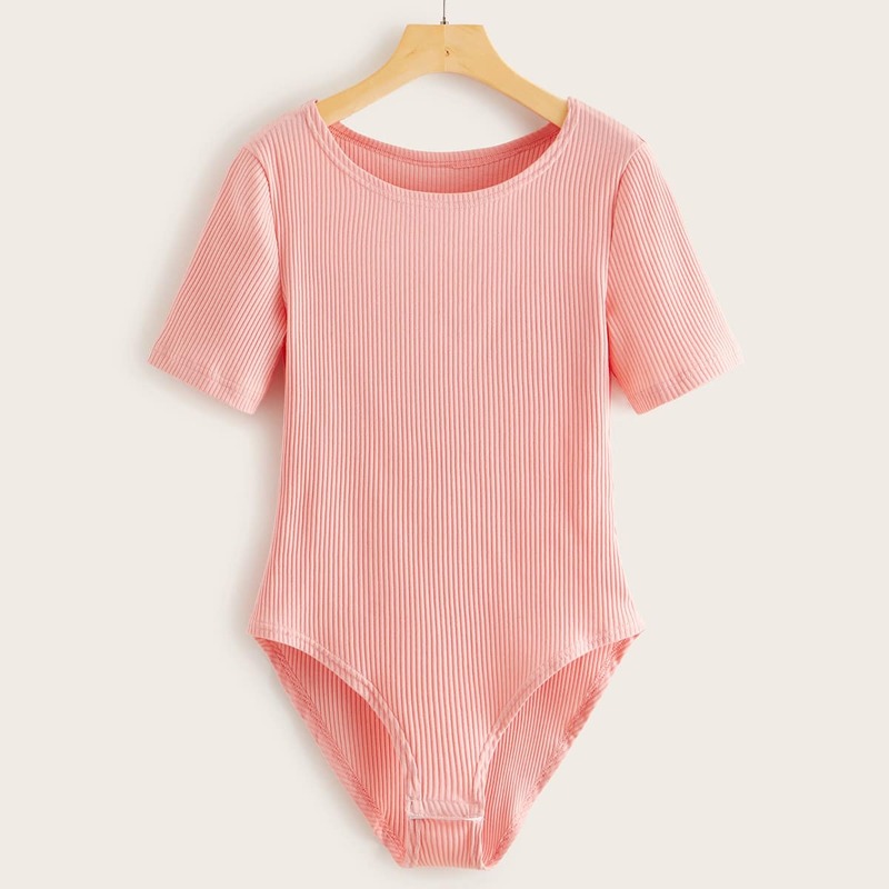 

Solid Short Sleeve Ribbed Bodysuit, Pink