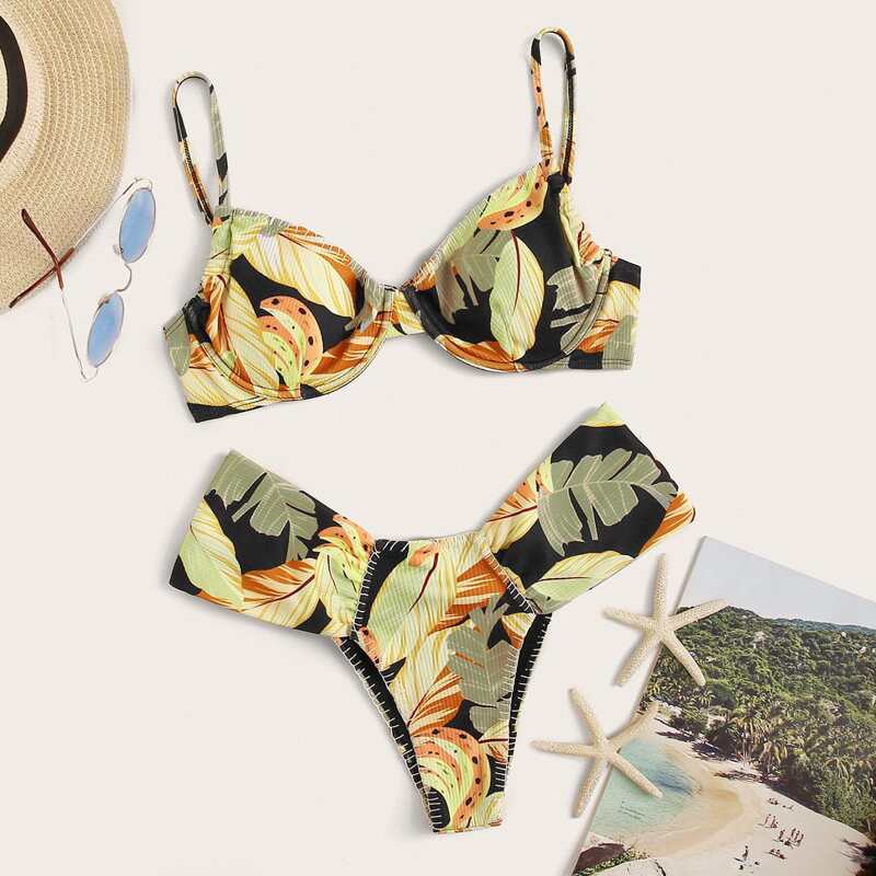 

Random Tropical Padded Underwire High Cut Bikini Swimsuit, Multicolor