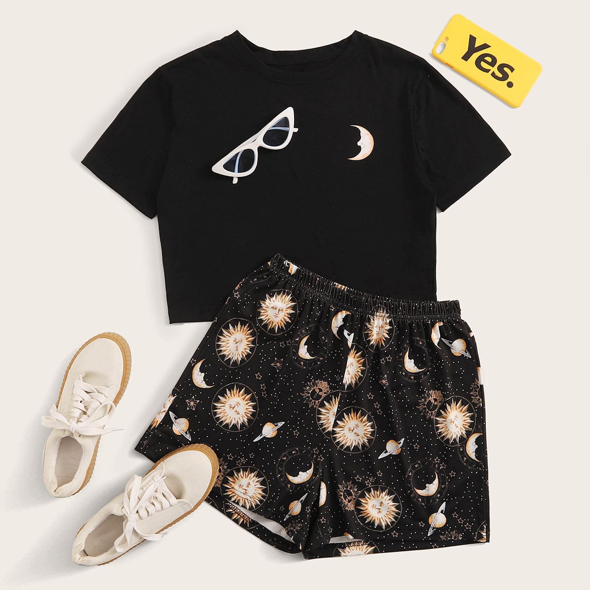 

Moon Print Short Sleeve Tee & Galaxy Print Shorts, Black