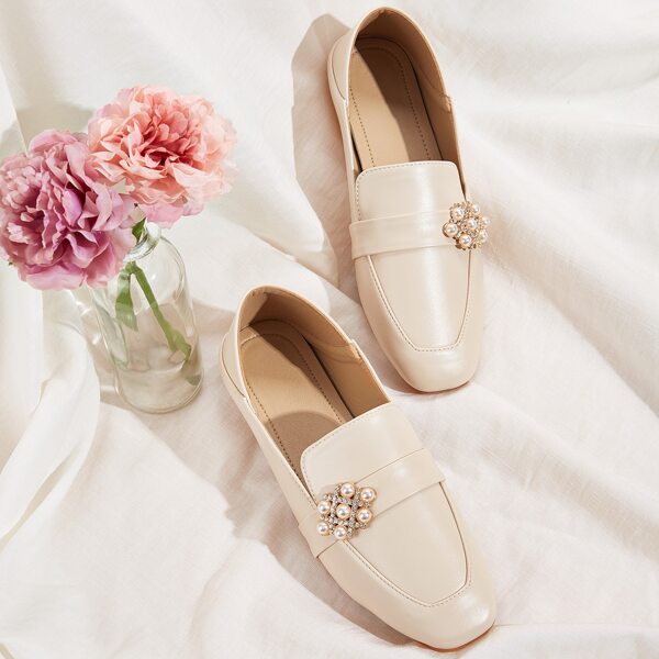 

Faux Pearl & Rhinestone Decor Square Toe Flats, Beige