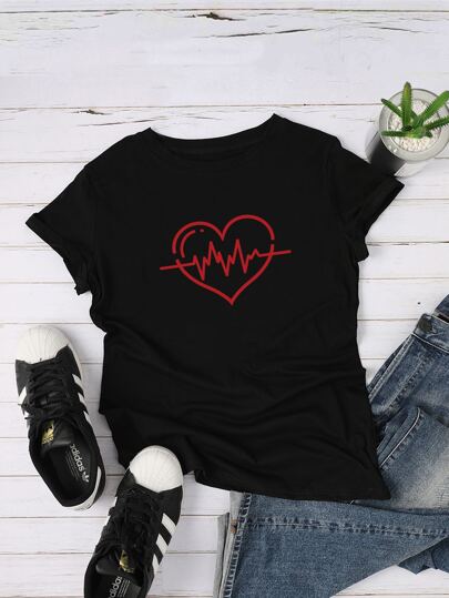 Heart Print Round Neck Tee