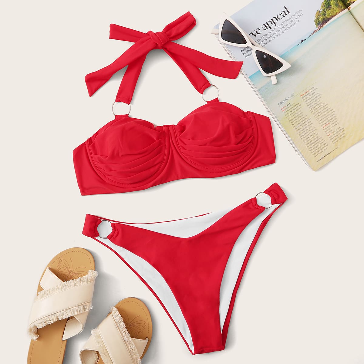 

Ruched Underwire O-ring Detail High Cut Bikini Swimsuit, Red