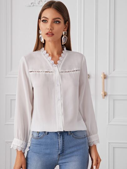 Button Through Contrast Lace Trim Blouse
