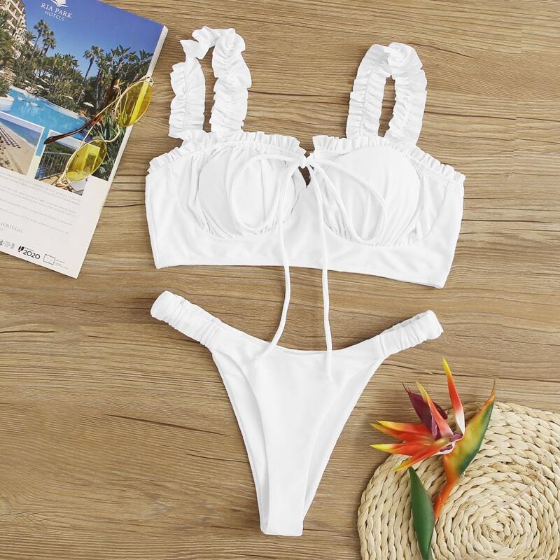 

Frill Trim Top With High Cut Bikini Set, White