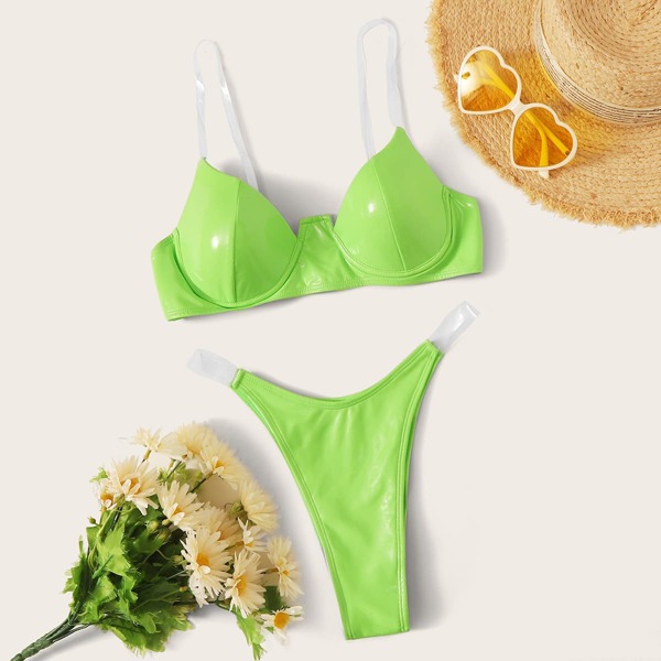 

PU Underwire Top With High Cut Bikini Set, Green bright