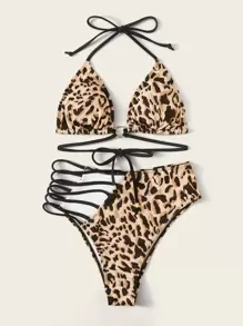 SHEIN Swim Summer Beach Leopard Halter High Waisted Bikini Set