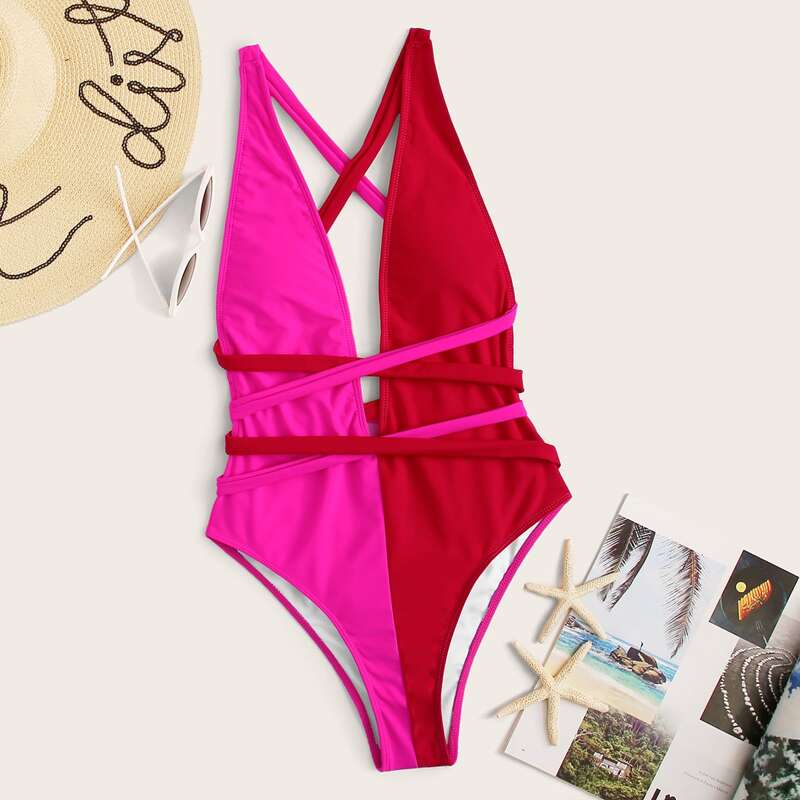 

Two Tone Criss Cross One Piece Swimsuit, Multicolor