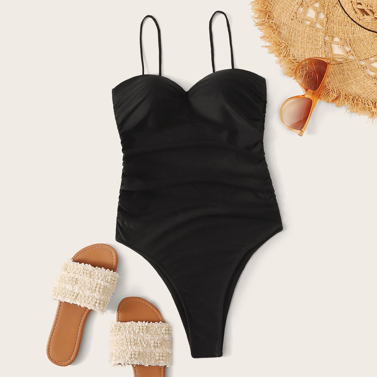 

Solid Ruched One Piece Swimwear, Black