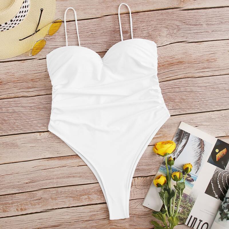 

Ruched High Leg One Piece Swimsuit, White