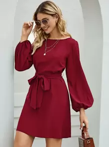 SHEIN Clasi 船領燈籠袖腰帶連衣裙 - 酒紅色 - 查看 1
