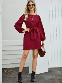 SHEIN Clasi 船領燈籠袖腰帶連衣裙 - 酒紅色 - 查看 5