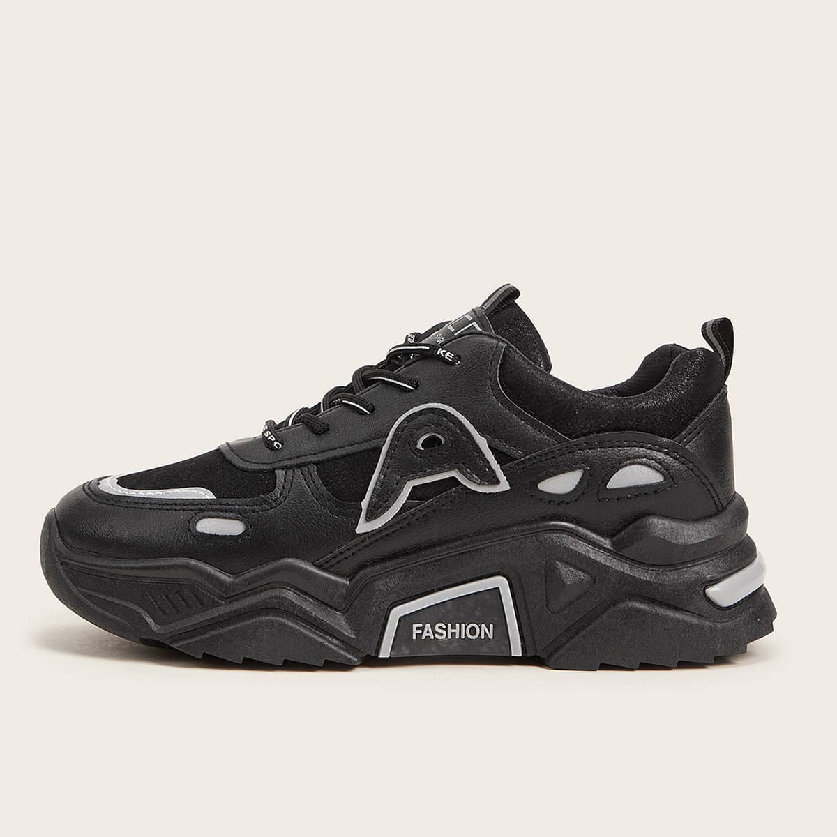 

Letter Patch Decor Lace-up Front Chunky Sneakers, Black