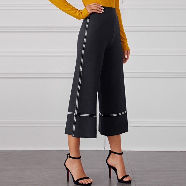 

Striped Wide Leg Capris Sweater Pants, Black