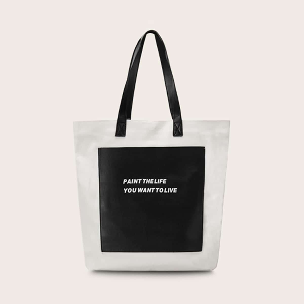 

Two Tone Letter Graphic Tote Bag, Black and white