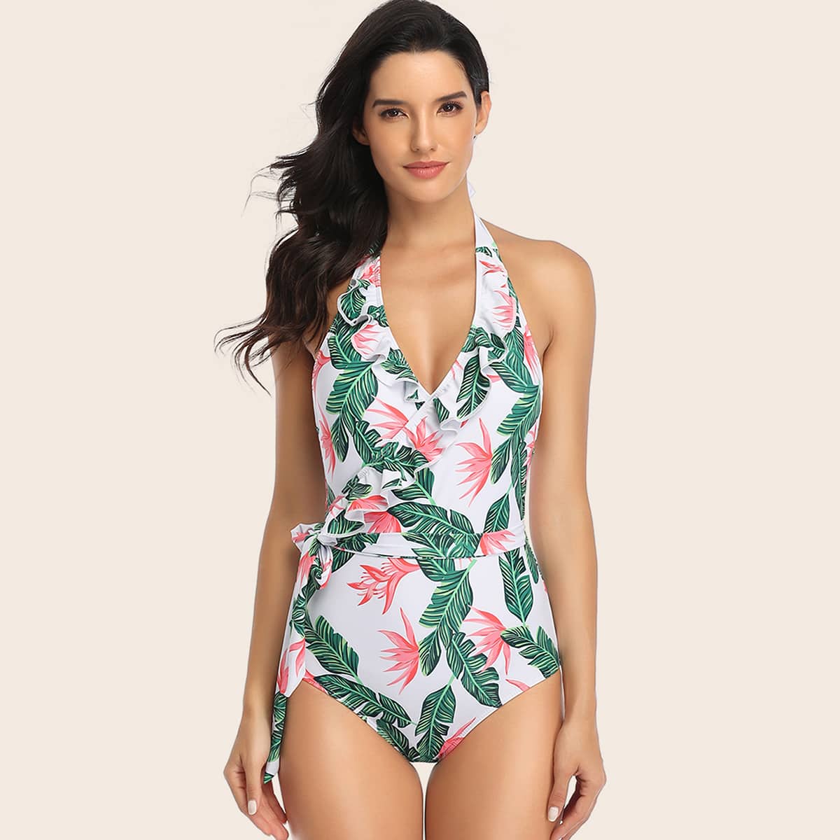 

Palm Print Tie Waist One Piece Swimwear, Multicolor