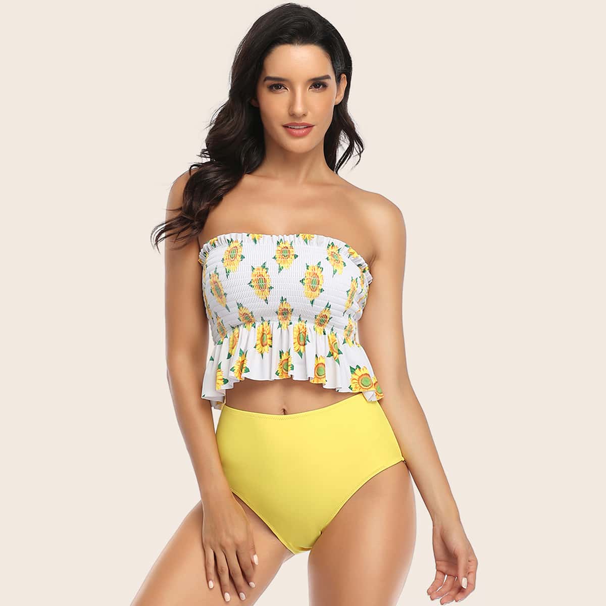 

Sunflower Print Smocked Ruffle Trim Top With High Waist Tankini, Multicolor