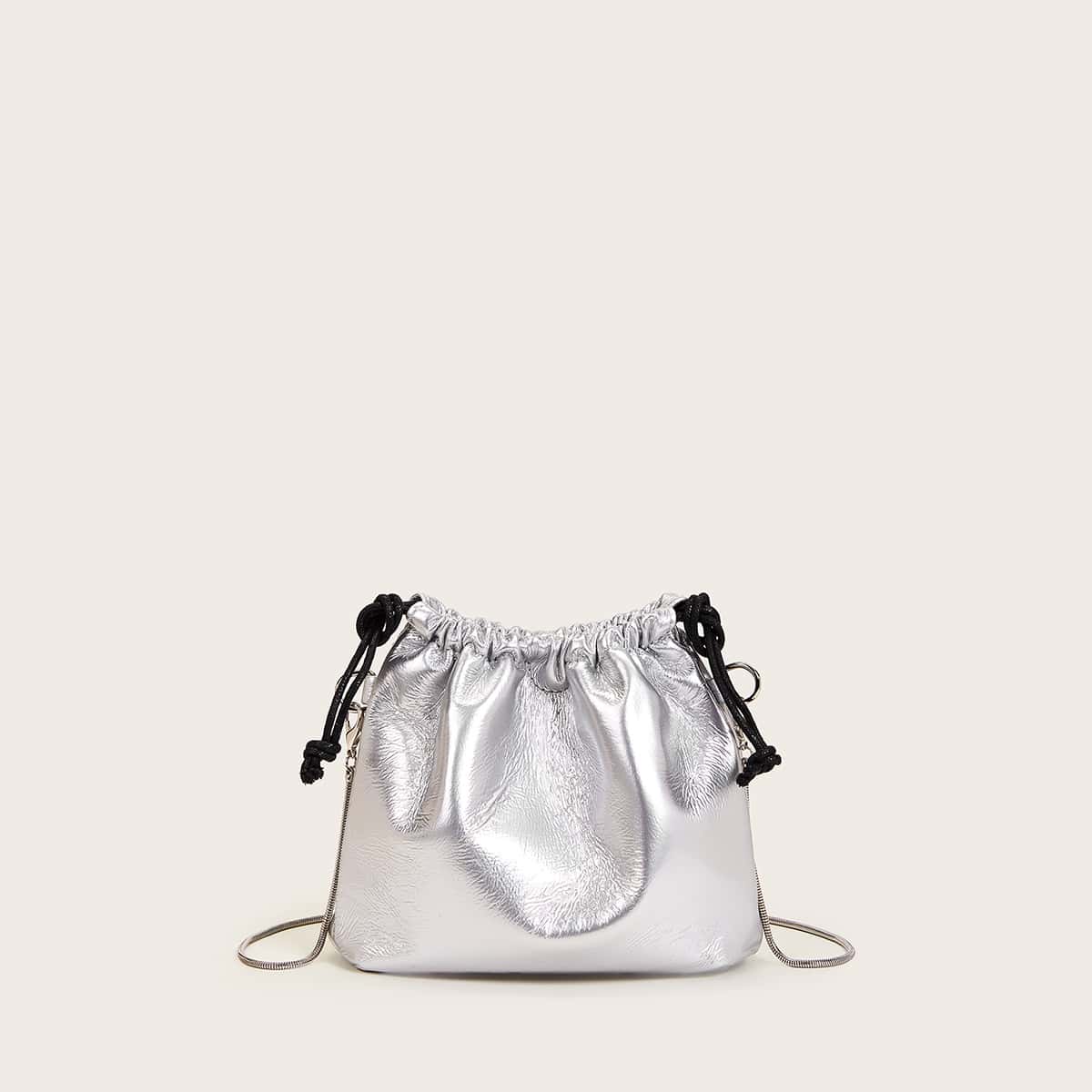 

Metallic Crossbody Bag With Drawstring, Silver